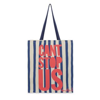 blue coloured tote bag with white background