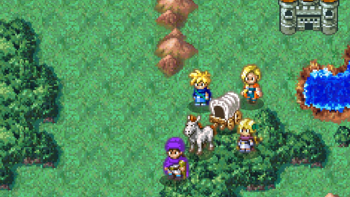 O her&oacute;i e o grupo viajando com a carro&ccedil;a em Dragon Quest 5: Hand of the Heavenly Bride