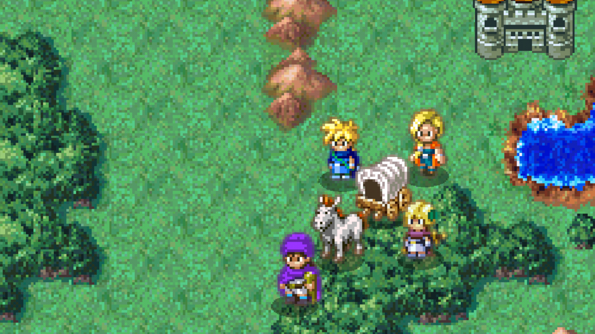 The hero and his party travelling around with their wagon during the RPG Dragon Quest 5: Hand of the Heavenly Bride