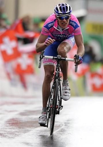 Stage 1 runner-up Oleksandr Kvachuk (Lampre - ISD) crosses the finish line in Leysin.
