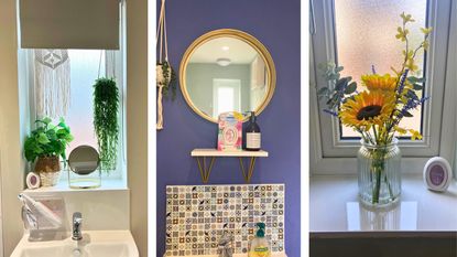 Three neutral or small bathrooms with plants shelves mirrors and Febreze Small Spaces Air Freshener 