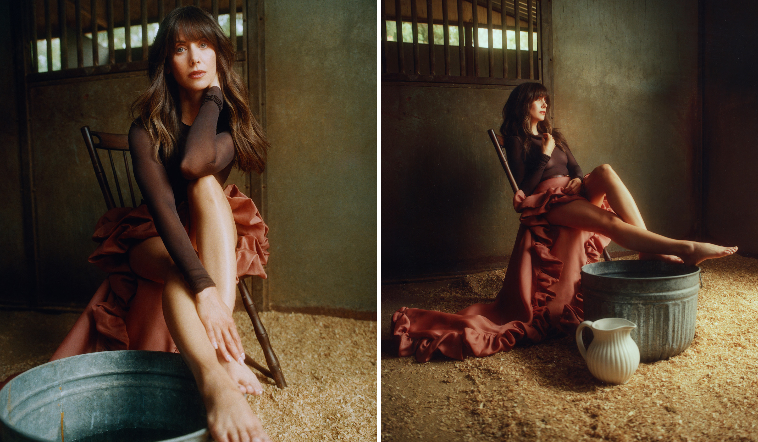 Alison Brie wearing a semi sheer skirt and a ruffled skirt in a barn