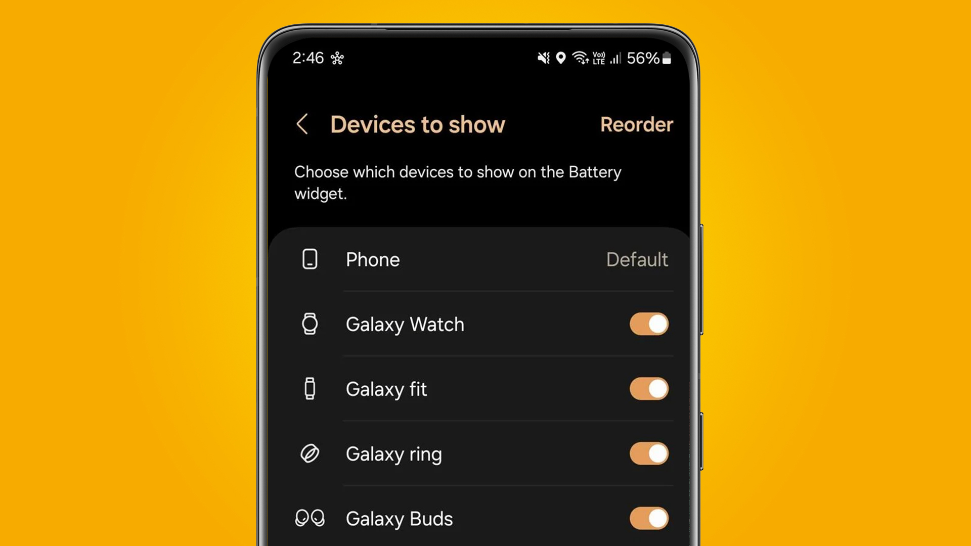 Un teléfono Android que muestra el Samsung Galaxy Ring en un widget de batería