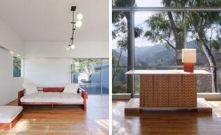 Two side-by-side photos of pieces of furniture. The first photo features the black ’Tempo’ chandelier by Atelier de Troupe and the ’Kings Road’ collection by Marmol Radziner which includes wooden seating with white padding and cushions. The space has white walls and wood flooring. And the second photo is of a Schindler lamp by Studio Shamshiri and the ’Kasbah’ sideboard by Atelier de Troupe in a space with wood flooring and large windows offering views of the trees, hills and sky outside