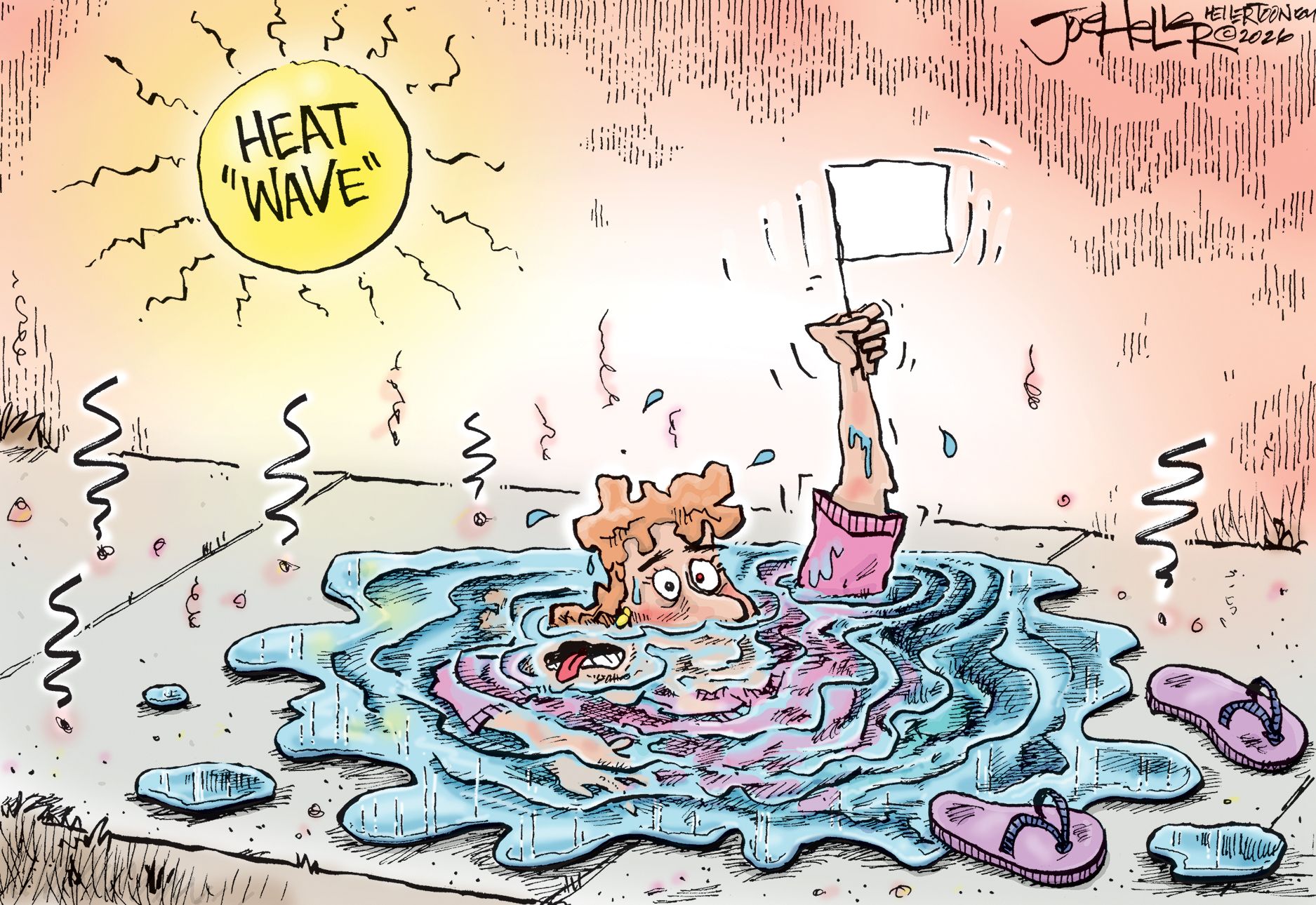 
                                A woman waves a white flag of surrender as she melts into a pile of sweat on the sidewalk during an unbearably hot day. The sun is labeled Heat “Wave”.
                            