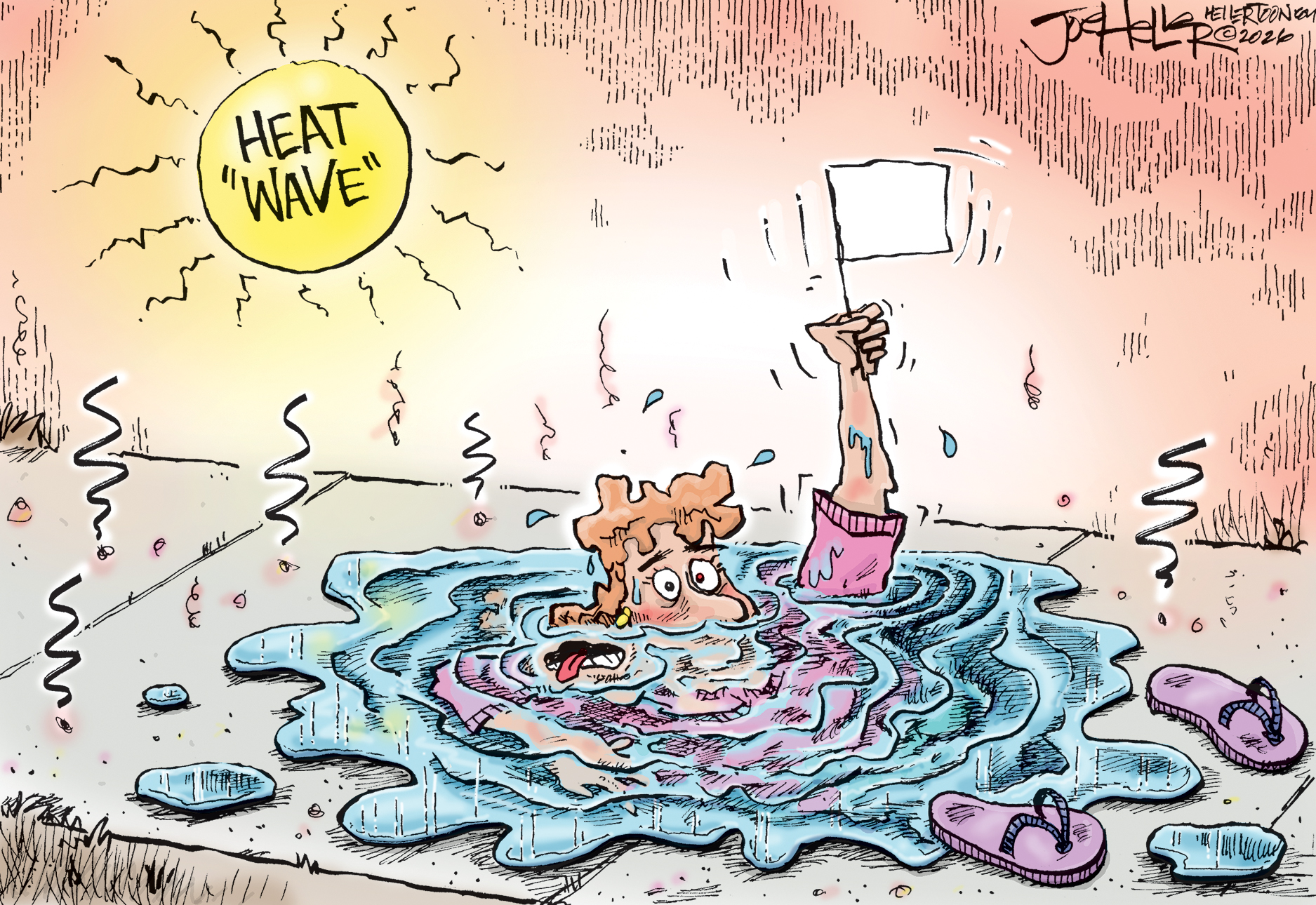 A woman waves a white flag of surrender as she melts into a pile of sweat on the sidewalk during an unbearably hot day. The sun is labeled Heat &amp;ldquo;Wave&amp;rdquo;.