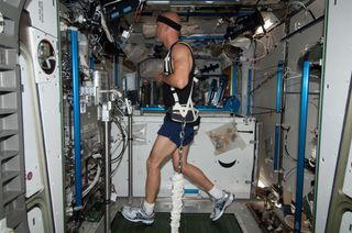 Italian astronaut Luca Parmitano uses the treadmill on the International Space Station in 2013. Exercise is a common countermeasure for astronauts spending long periods of time in space.
