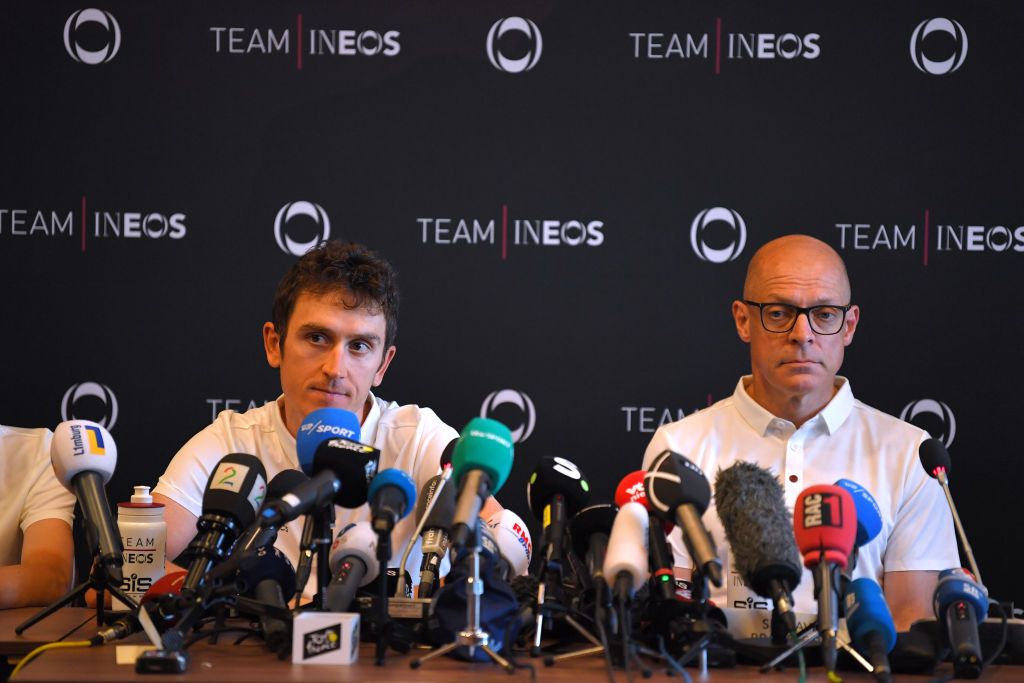 Geraint Thomas with David Brailsford and Egan Bernal