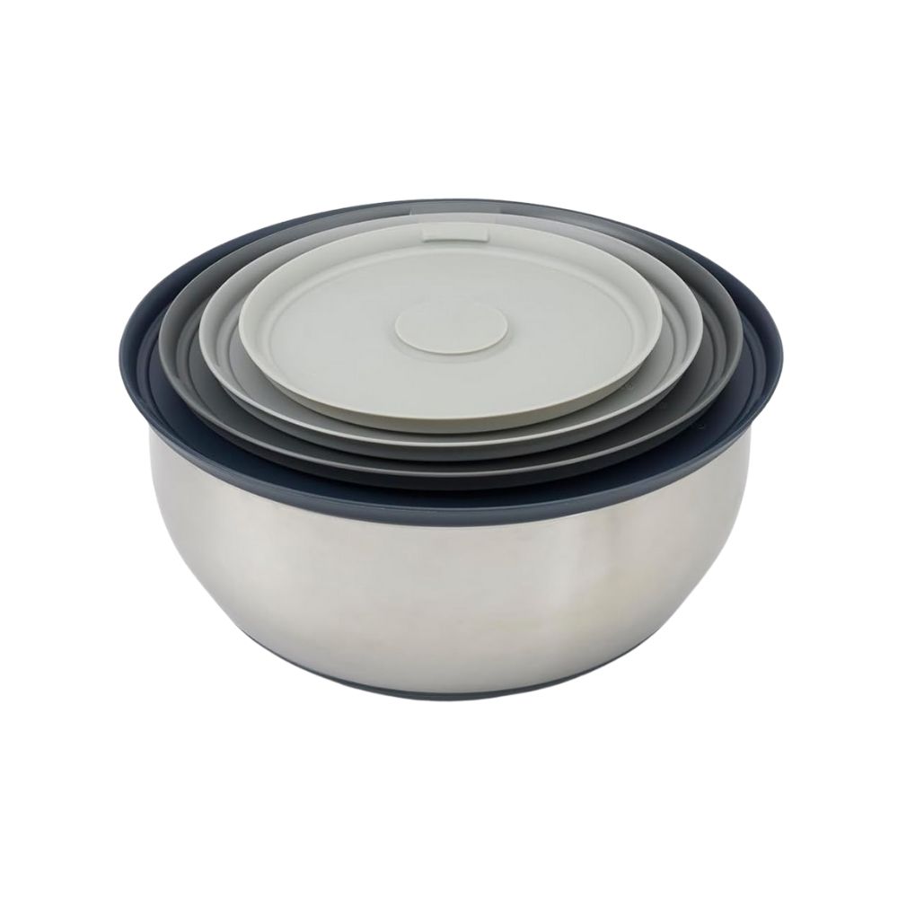 Stainless steel nesting bowls with silicone lids