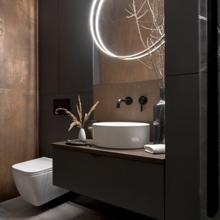 dark rustic and modern bathroom showing a vanity and toilet and minimal lighting