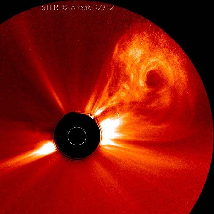 The STEREO (Ahead) spacecraft caught a large coronal mass ejection as it roared away from the Sun and out into space in the opposite direction from Earth (Feb. 26-28, 2011).