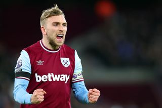 LONDON, ENGLAND - DECEMBER 21: Jarrod Bowen of West Ham United reacts during the Premier League match between West Ham United FC and Brighton & Hove Albion FC at London Stadium on December 21, 2024 in London, England. (Photo by Bryn Lennon/Getty Images)