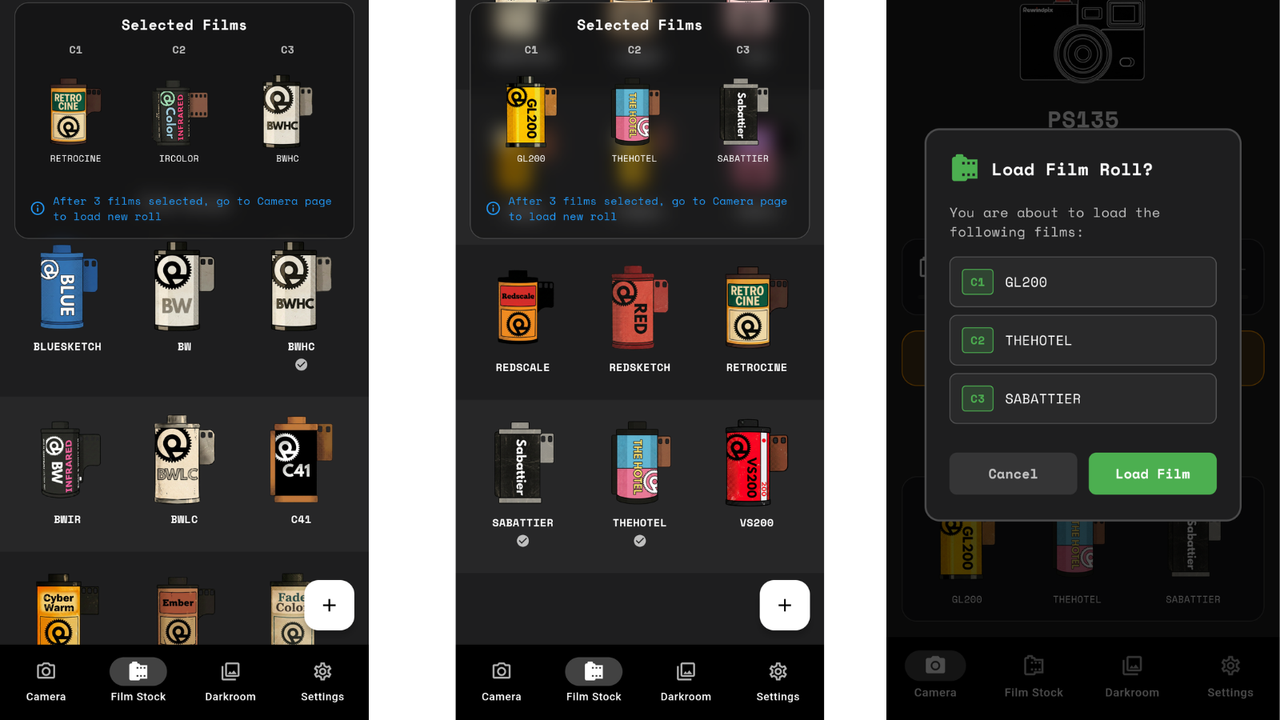 Screenshots of RewindPix app showing selection of film looks on offer