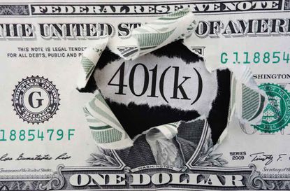 401(k) news headline in center of torn dollar bill 