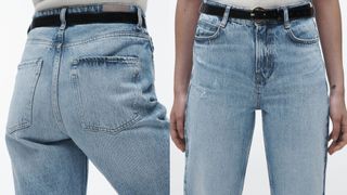 composite of two close up pictures of a model wearing zara jeans from the front and back