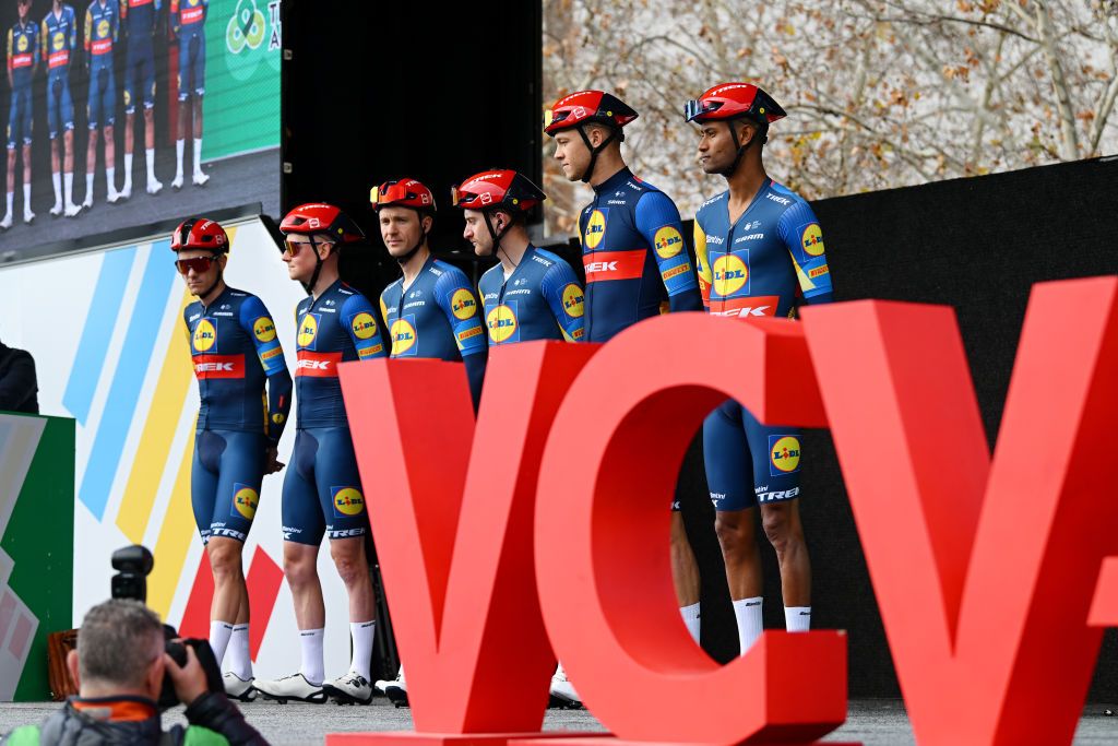 BENICASSIM SPAIN JANUARY 31 A general view of Simone Consonni of Italy Fabio Felline of Italy Amanuel Ghebreigzabhier of Eritrea Patrick Konrad of Austria Jonathan Milan of Italy Sam Oomen of The Netherlands Edward Theuns of Belgium and Team Lidl Trek prior to 75th Volta a la Comunitat Valenciana 2024 Stage 1 a 167km stage from Benicassim to Castellon de la Plana on January 31 2024 in Benicassim Spain Photo by Dario BelingheriGetty Images