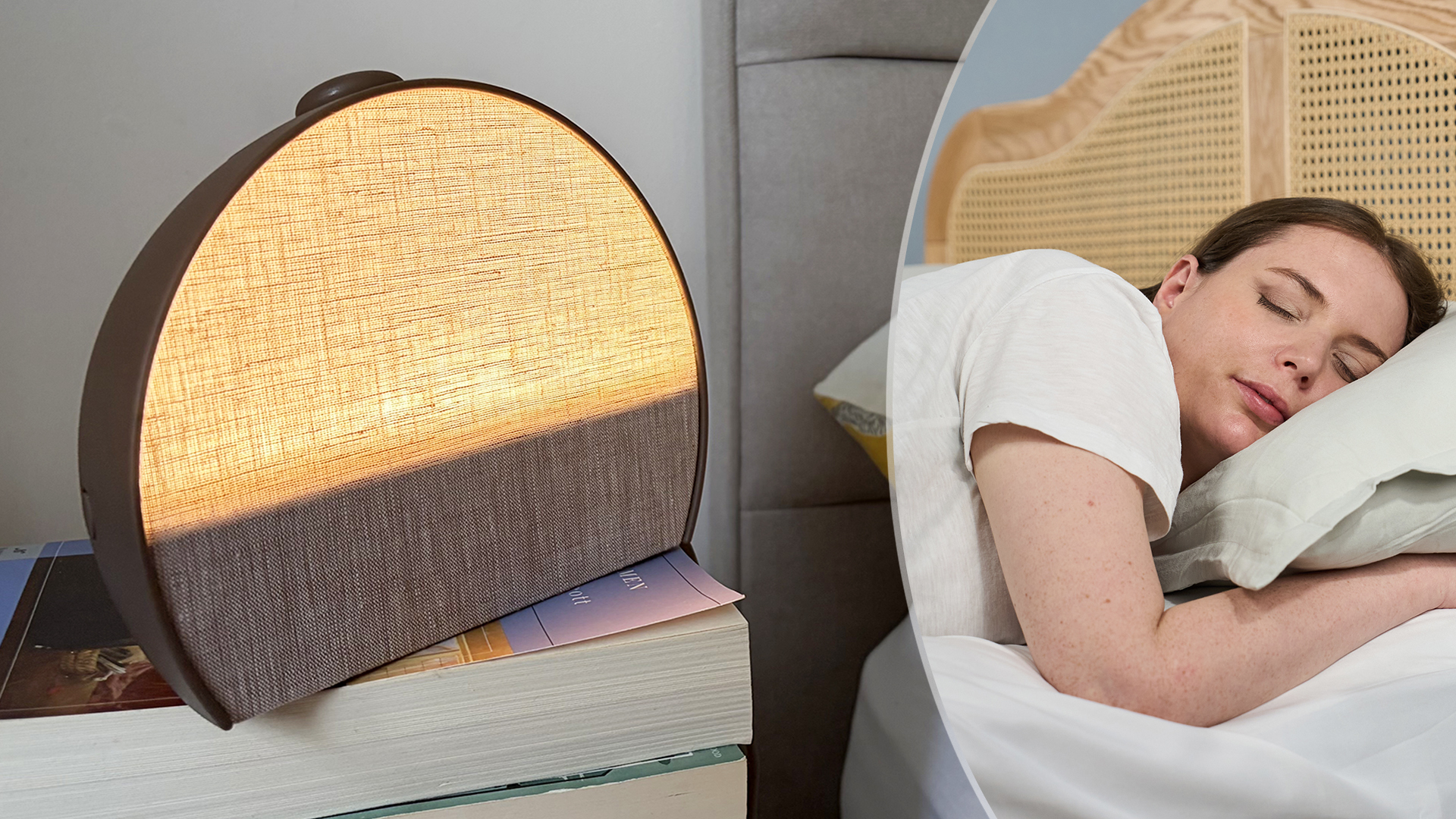 On the left is a close up of the Hatch Sleep Clock set to sunrise mode. On the right is tester Ruth Jones sleeping