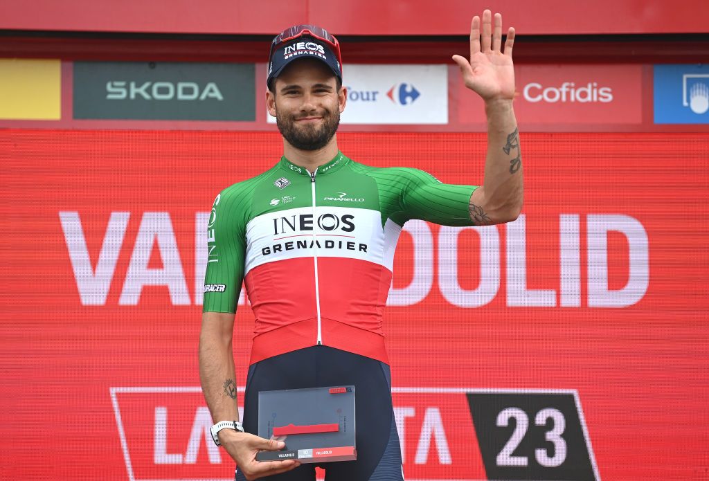 VALLADOLID SPAIN SEPTEMBER 05 Filippo Ganna of Italy and Team INEOS Grenadiers celebrates at podium as stage winner during the 78th Tour of Spain 2023 Stage 10 a 258km individual time trial stage from Valladolid to Valladolid UCIWT on September 05 2023 in Valladolid Spain Photo by Tim de WaeleGetty Images