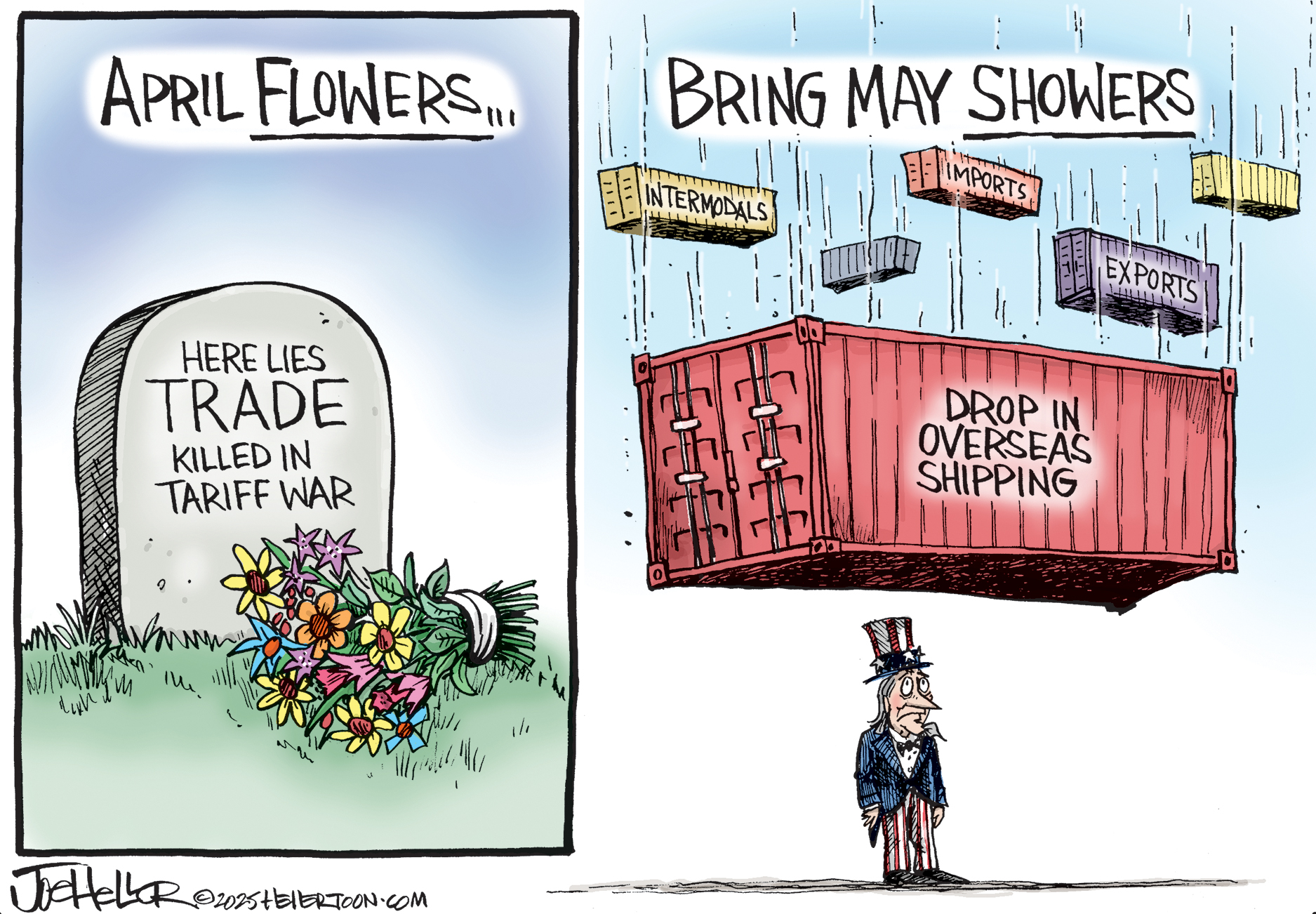 This is a two-panel political cartoon The left panel, titled "April Flowers...," depicts a tombstone labeled "HERE LIES TRADE KILLED IN TARIFF WAR" with flowers laid at its base. The right panel, titled "Bring May Showers," shows Uncle Sam looking forlornly up as he is about to be crushed by a container labeled "DROP IN OVERSEAS SHIPPING" and other containers labeled "INTERMODALS," "IMPORTS," and "EXPORTS."