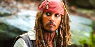 Pirates of the Caribbean Johnny Depp looks concerned as Captain Jack Sparrow