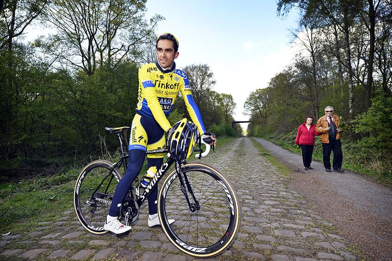 Alberto Contador hits the cobblestones of northern France ahead of this year's Tour de France which takes in some of the notorious roads. The cobbles have been the undoing of many GC contenders when the race has visited them in the past