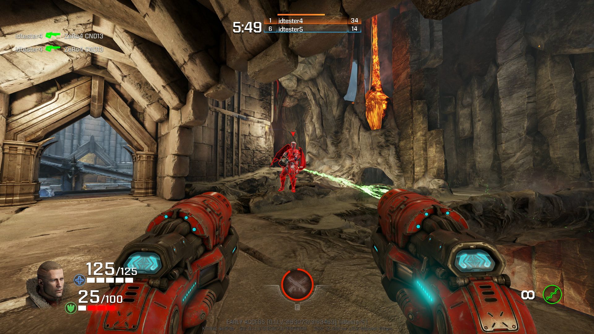 Геймплей Quake Champions — перестрелка в каменной арене с ракетным оружием