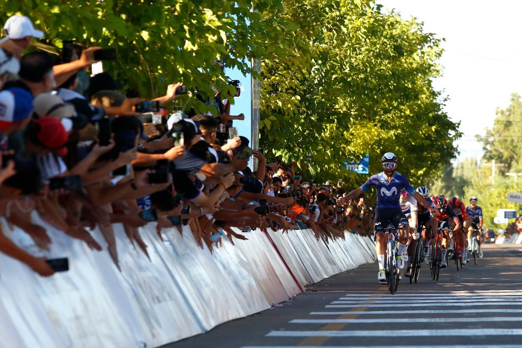 SAN JUAN ARGENTINA JANUARY 25 Fernando Gaviria of Colombia and Movistar Team celebrates at finish line as stage winner ahead of Peter Sagan of Slovakia and Team Total Energies and Filippo Ganna of Italy Team INEOS Grenadiers and Niklas Markl of Germany and Team DSM during the 39th Vuelta a San Juan International 2023 Stage 4 a 1965km stage from Autodrmo de Villicum to Barreal VueltaSJ2023 on January 25 2023 in San Juan Argentina Photo by Maximiliano BlancoGetty Images