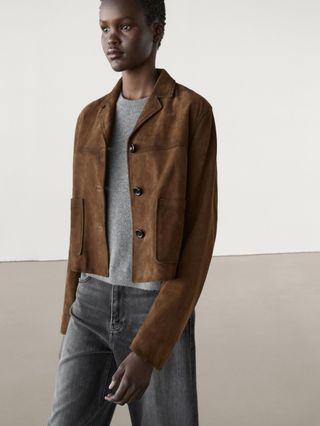 Short Suede Leather Jacket With Pocket Details