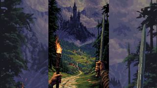An image from an AI-generated video game concept showing a first-person player holding out a torch and a sword as they walk through a forest towards a village and castle
