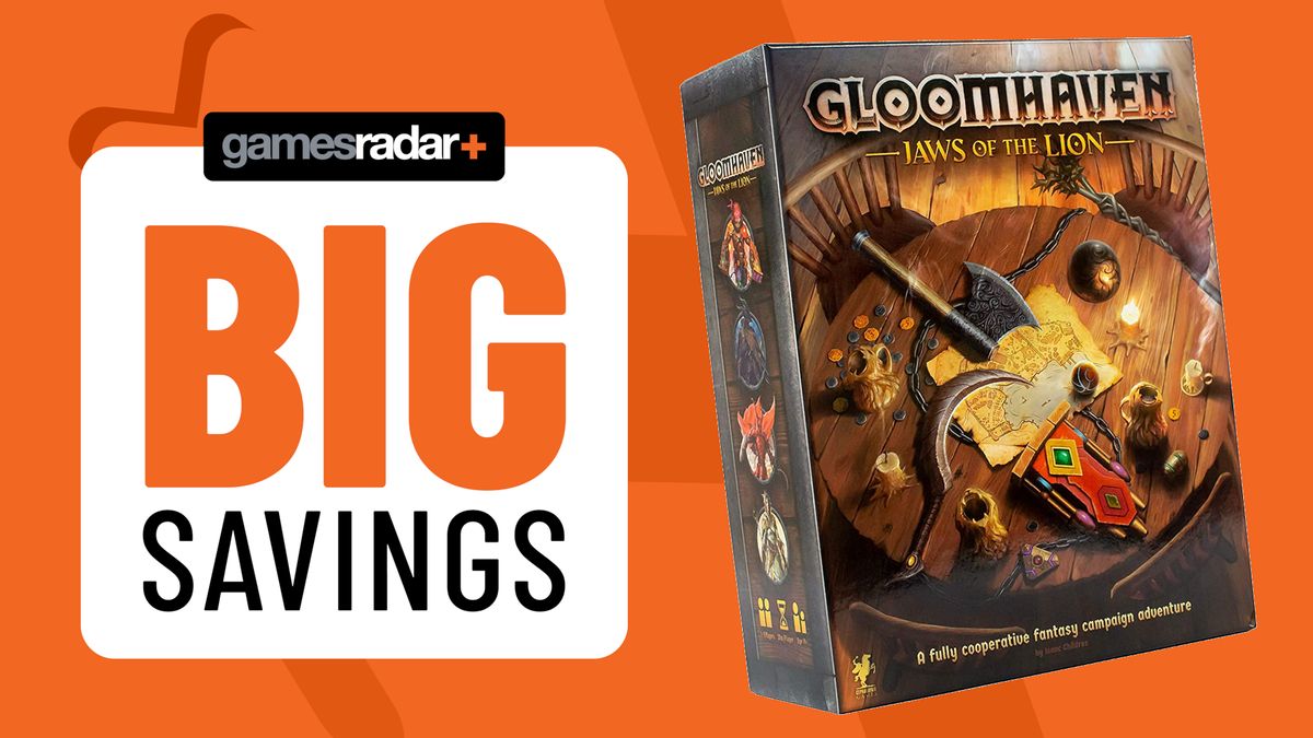 Gloomhaven: Jaws of the Lion box on an orange background with a &#039;big savings&#039; badge