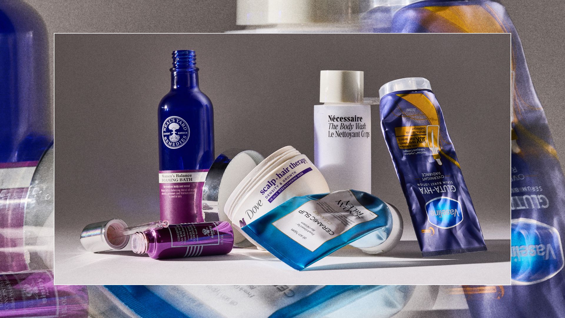 Shannon Lawlor's empties edit for june, including Neal's Yard bubble bath, Dove hair mask, Sisley face serum, Sunday Riley cleanser, necessaire body wash and Vaseline Body Serum