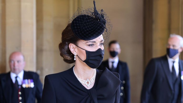 Catherine, Duchess of Cambridge during the funeral of Prince Philip, Duke of Edinburgh at Windsor Castle on April 17, 2021 in Windsor, England. Prince Philip of Greece and Denmark was born 10 June 1921, in Greece.