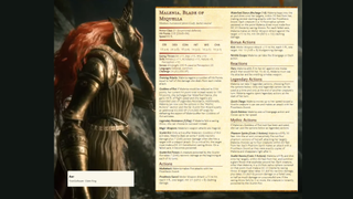 DnD style page showing stats and info for Elden Ring's Malenia 