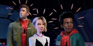 Spider-Man: Into The Spider-Verse Peter Parker Gwen Stacy and Miles Morales feel their spider senses