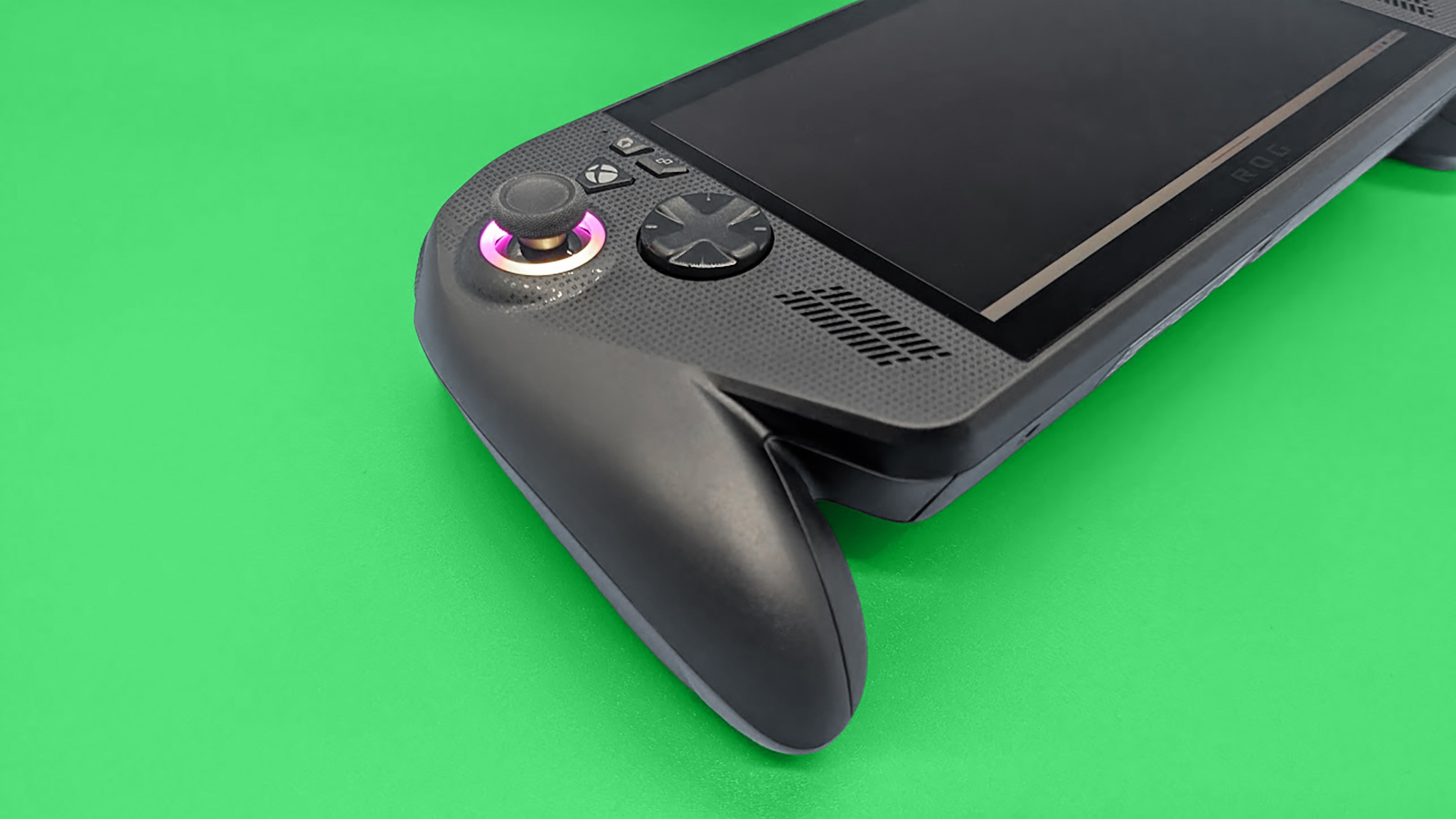 An image of the ROG Xbox Ally X's left lide including the Xbox button, D-pad, and joystick.