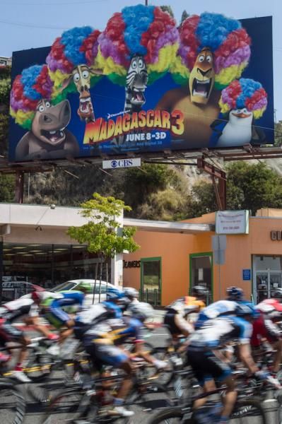 The peloton flies through the streets of Los Angeles