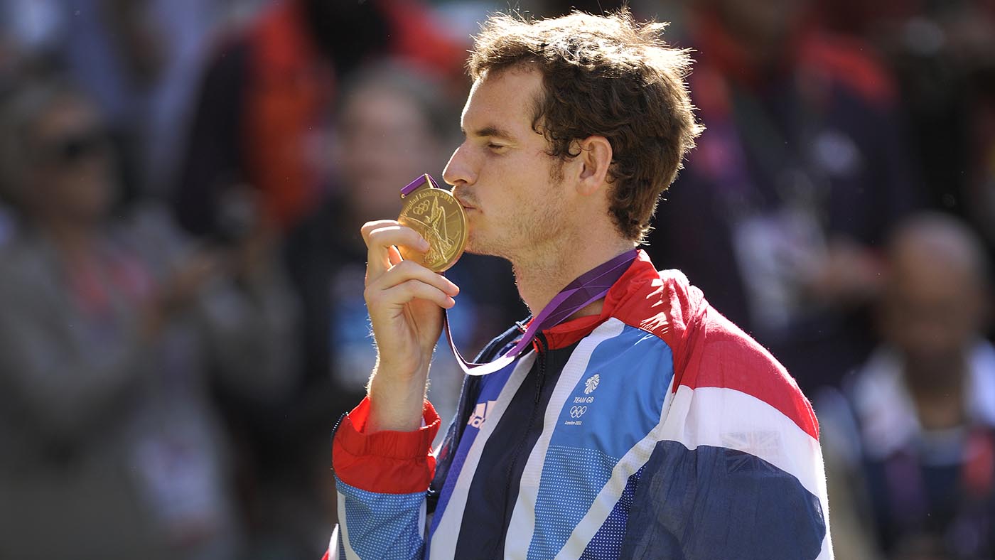 Andy Murray with his gold medal after winning the final of the mens tennis singles as part of the 2012 London Olympic Games.