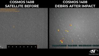 These radar images from the Numerica Corporation show the Cosmos 1408 satellite before (left) and after an impact from a Russian anti-satellite test on Nov. 15, 2021.
