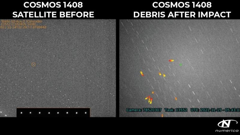 These radar images from Numerica show Cosmos 1408 before (left) and after it collided with a Russian anti-satellite test on November 15, 2021.