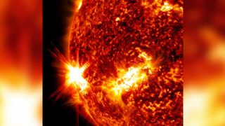 A powerful X1.9-class solar flare erupts from the sun in this image from NASA's Solar Dynamics Observatory captured on Jan. 9, 2022.