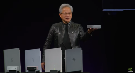Nvidia's CEO Jen-Hsun Huang on stage at GTC Taiwan with the new RTX Spark.