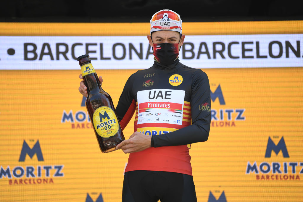 BARCELONA SPAIN  MARCH 28 Podium  David De La Cruz Melgarejo of Spain and UAE Team Emirates Best Catalonian rider Celebration during the 100th Volta Ciclista a Catalunya 2021 Stage 7 a 133km stage from Barcelona to Barcelona  Mask  Covid safety measures  VoltaCatalunya100  on March 28 2021 in Barcelona Spain Photo by David RamosGetty Images