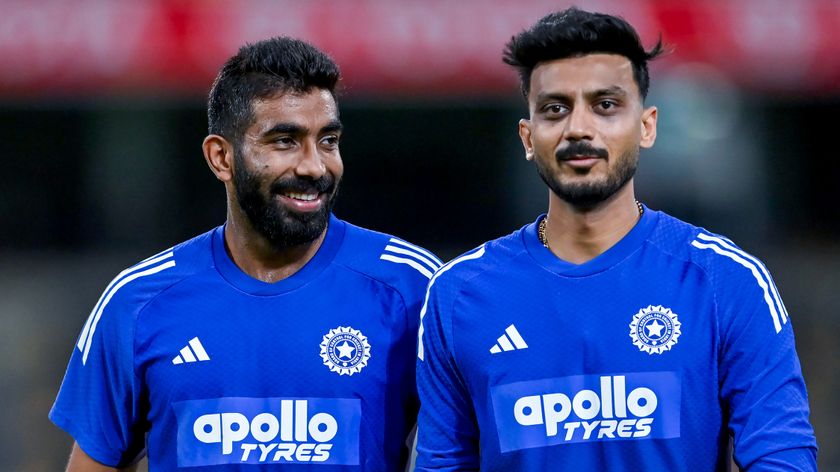 Jasprit Bumrah (L) and Axar Patel (R) of India seen in action during game four of the T20 International Series between Australia and India at People First Stadium.