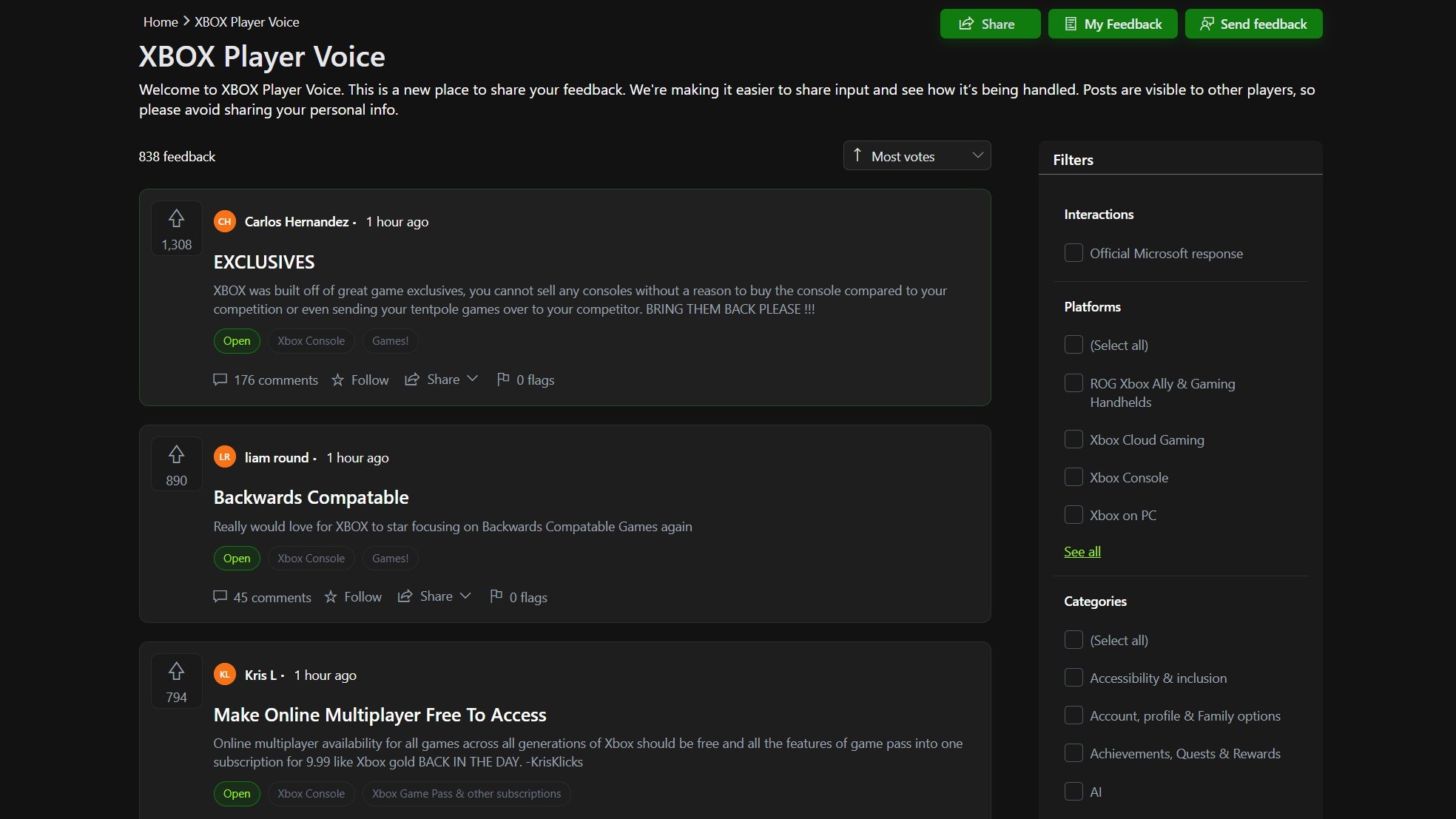 A screenshot of the Xbox Player Voice page.