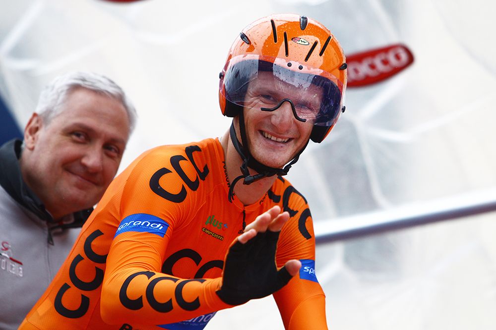 A quick wave from Grega Bole before starting the time trial