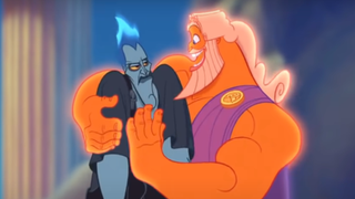 Zeus puts his arm around an uncomfortable Hades.