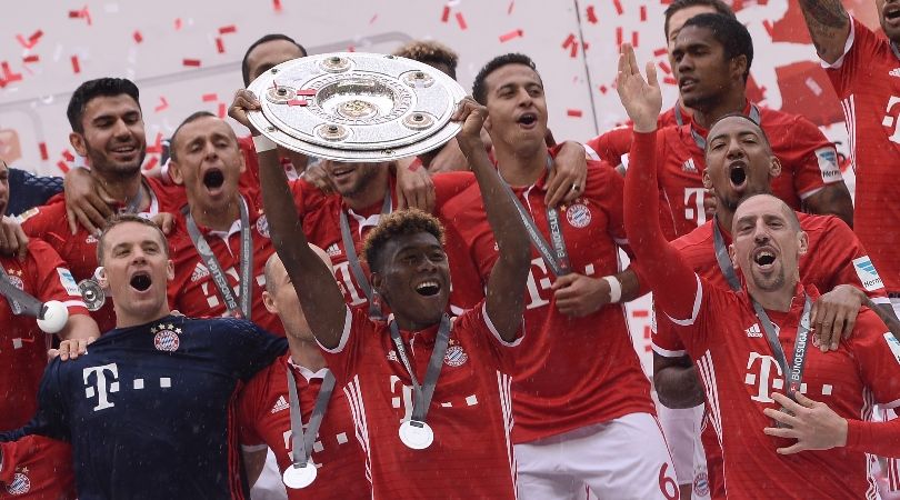 Bayern Munich players celebrate their Bundesliga title win in May 2016.