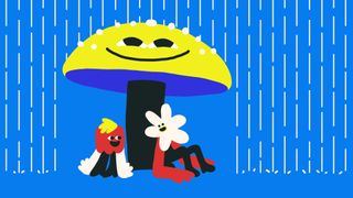 bright and fun animation of two flower characters sitting underneath a mushroom