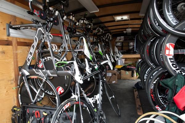 The inside of the Team Exergy men's team trailer