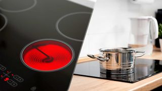 An electric stove glowing red, and a steel pot cooking on an induction cooktop
